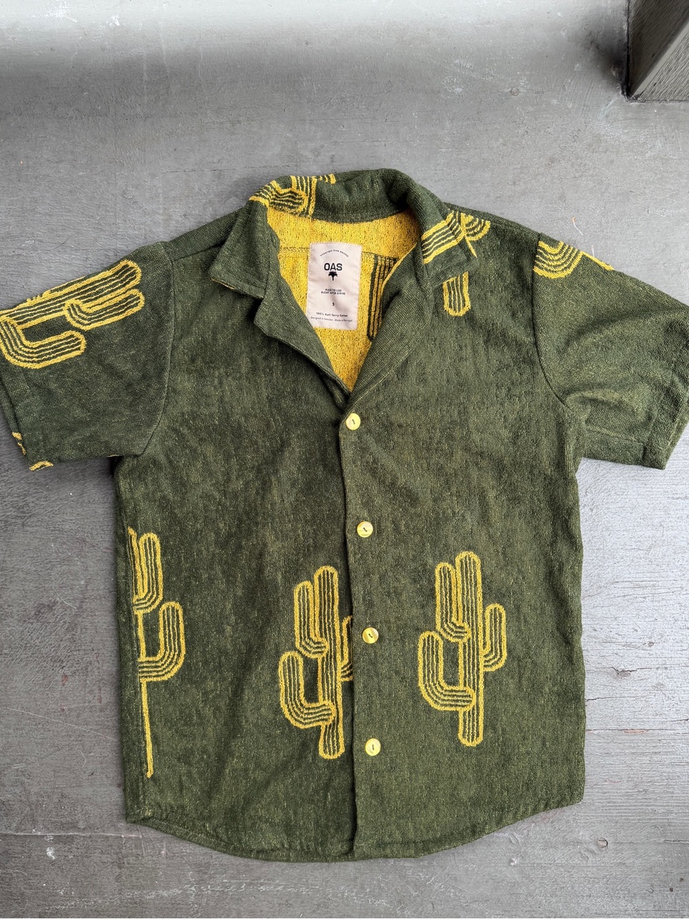 OAS Green Cactus Terry Cotton Short Sleeve Button Up Shirt